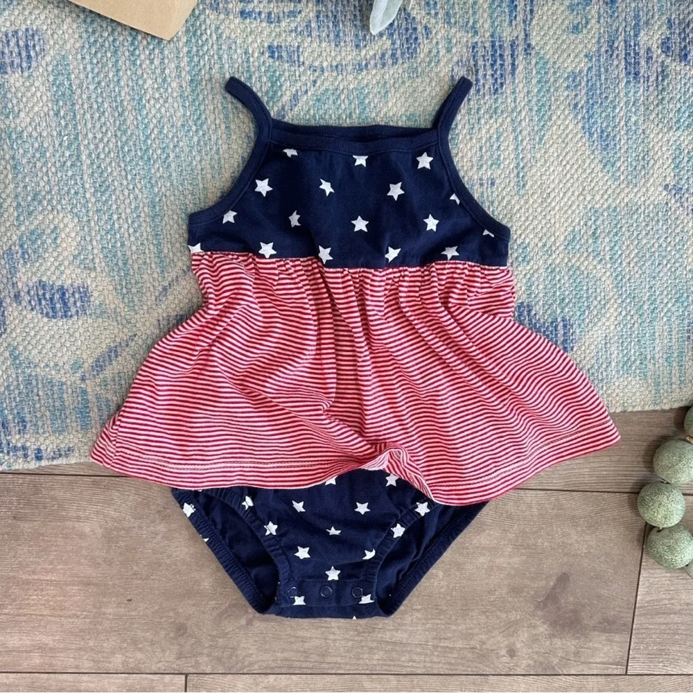 New Carter's Baby Toddler Girls American Flag Cotton Romper Dress Patriotic